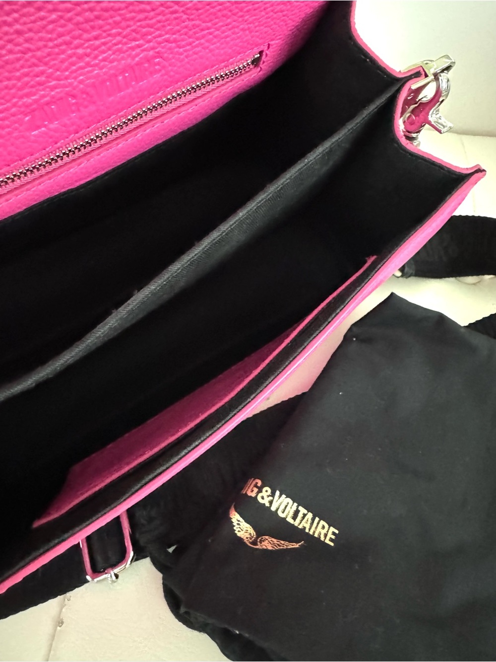 Zadig & Voltaire Hot Pink Leather Crossbody Bag with Crystal Wing Accent - Picture 7 of 9